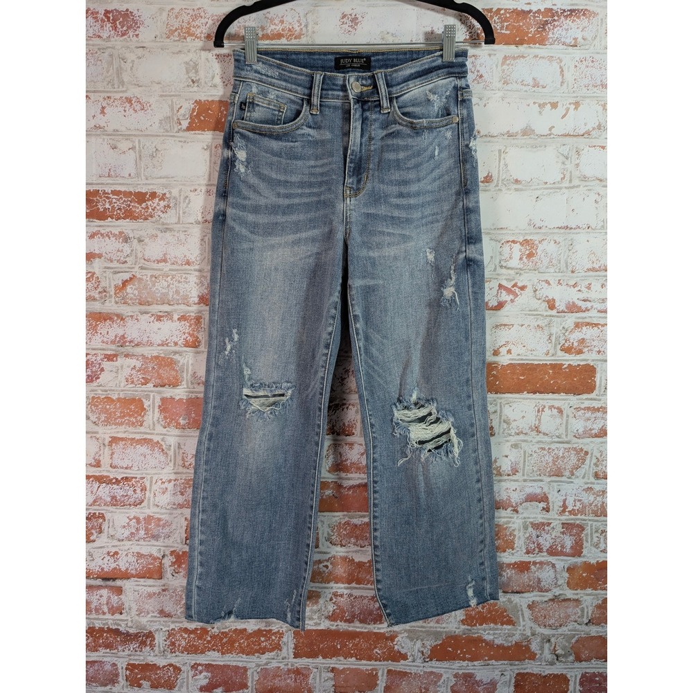 Judy Blue Distressed Straight Leg Jeans Womens 1/25 Blue High Rise Raw Hem
